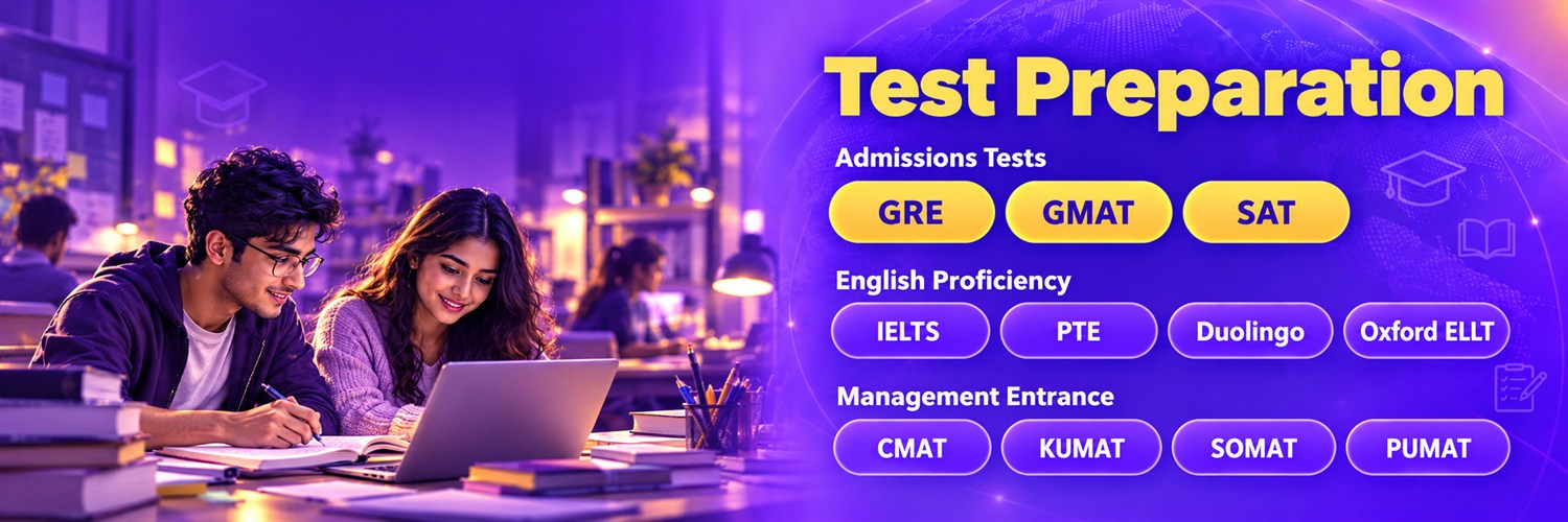 Illustrative AI study scene. Test preparation: GRE, GMAT, SAT; IELTS, PTE, Duolingo, Oxford ELLT; CMAT, KUMAT, SOMAT, PUMAT.